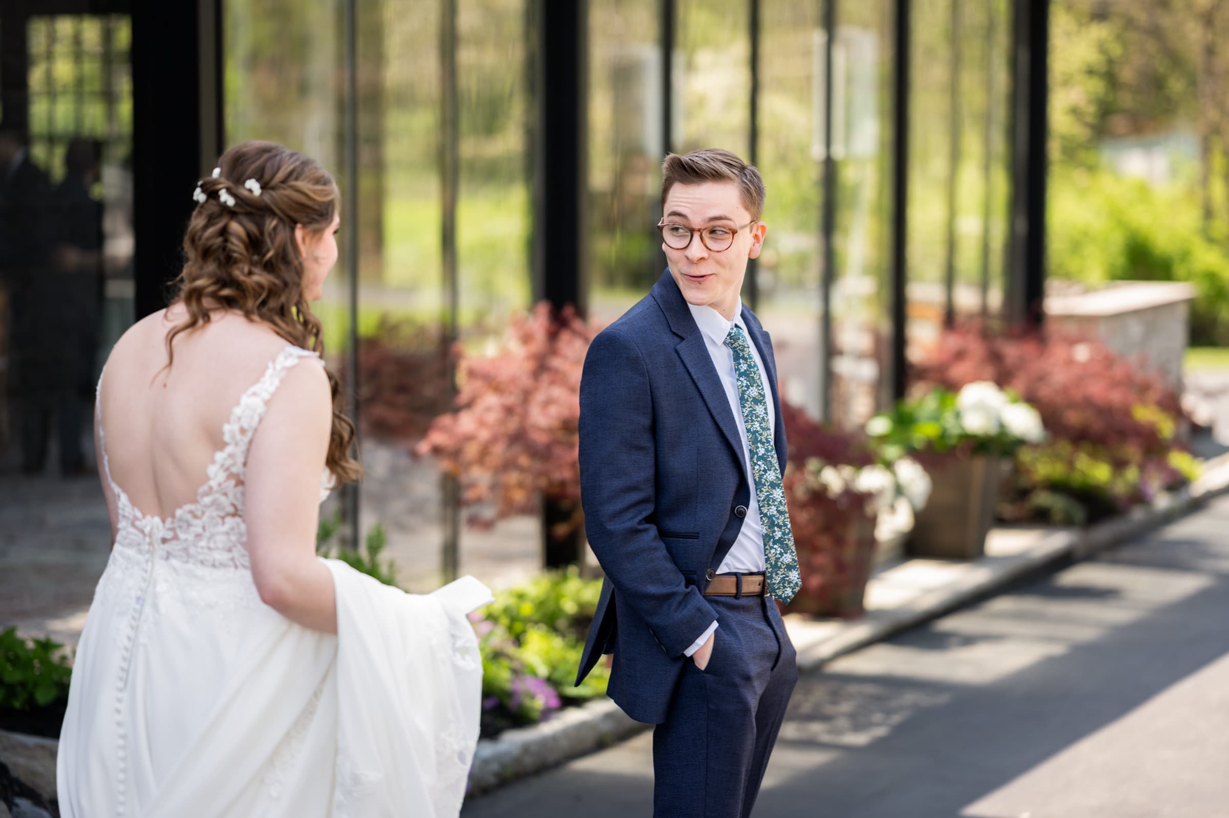Cute first look at Sinclair of Skaneateles in Skaneateles, NY | Finger Lakes Wedding Photography