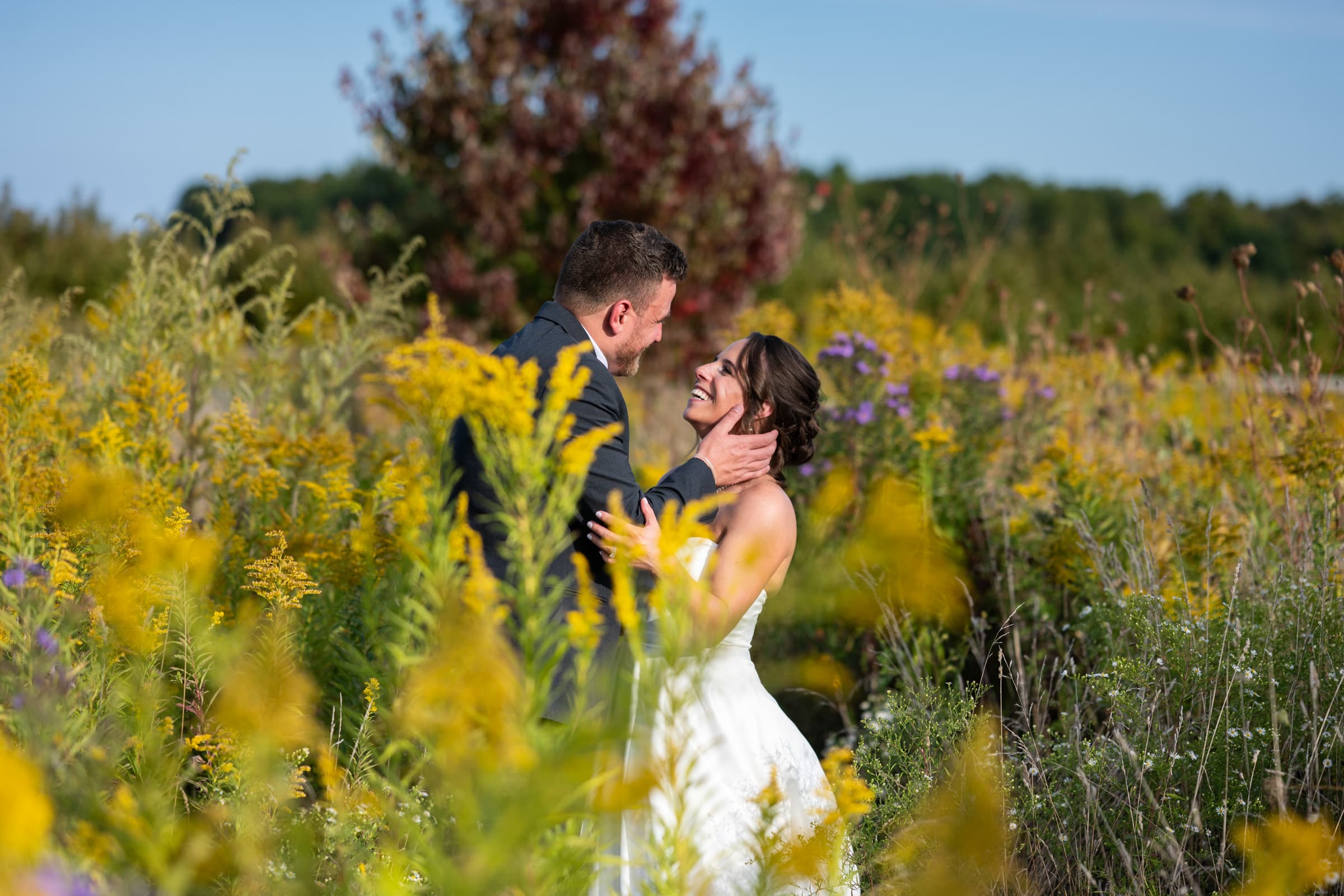 Couple in field at Pamona Blue Barn in Hilton, NY | Rochester Wedding Photography